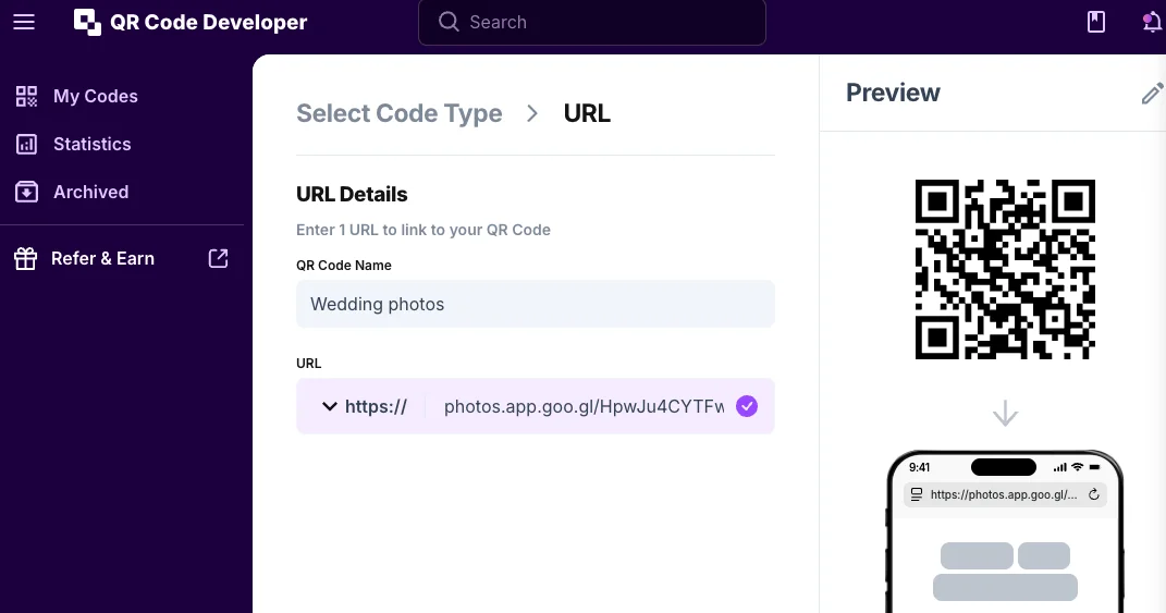 Wedding photos QR code generator