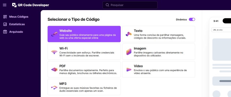 Selecionar a opção do sítio Web