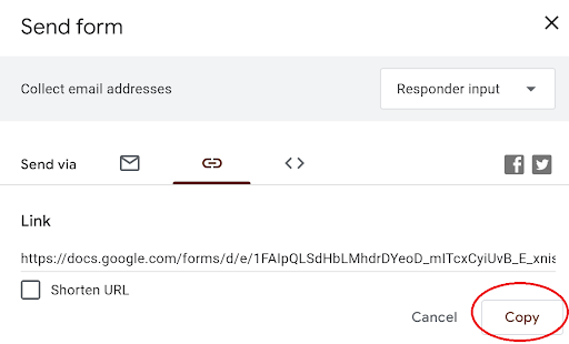 Google Form Step 2 - share and copy link