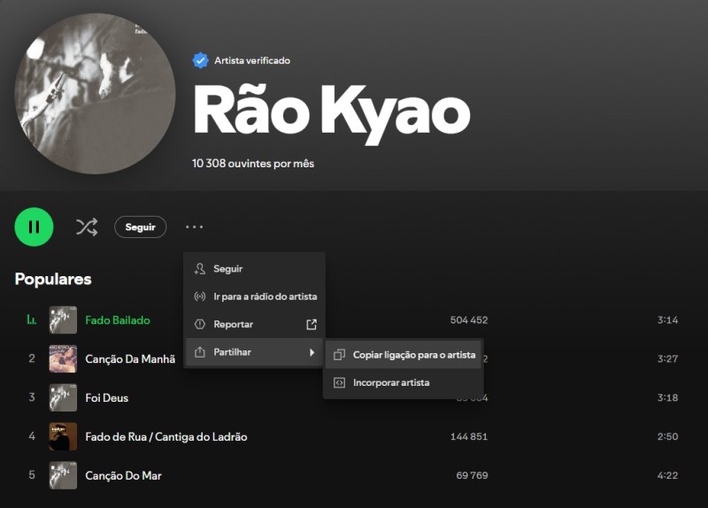 Spotify - copiar a ligação