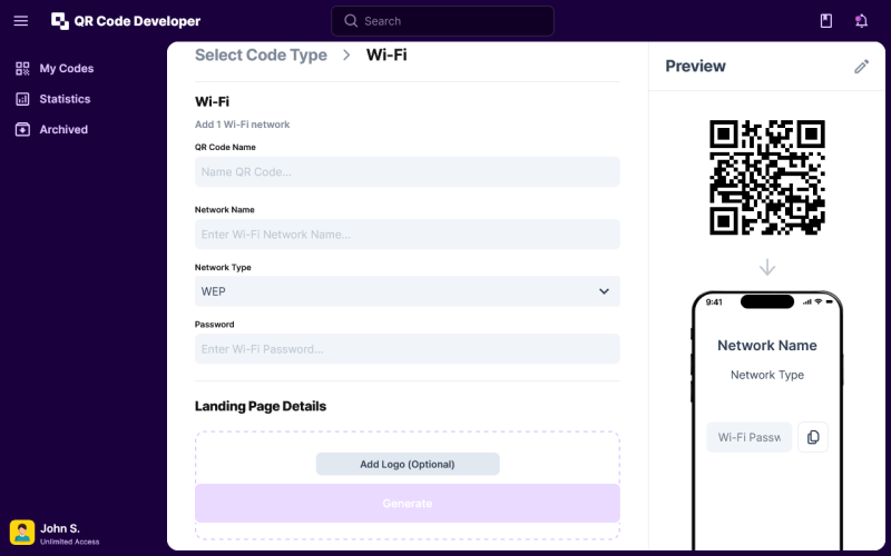 Select Code Type - Wi-fi Fields